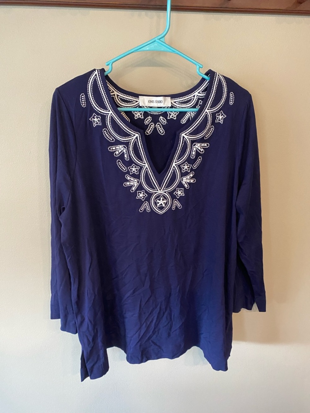 Jones Studio Navy Tunic with White Embroidered V-Neckline
